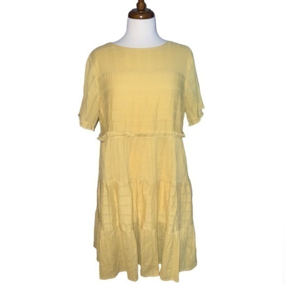Aaron & Amber Yellow Cotton Textured Tiered Babydoll Casual Everyday Dress Med